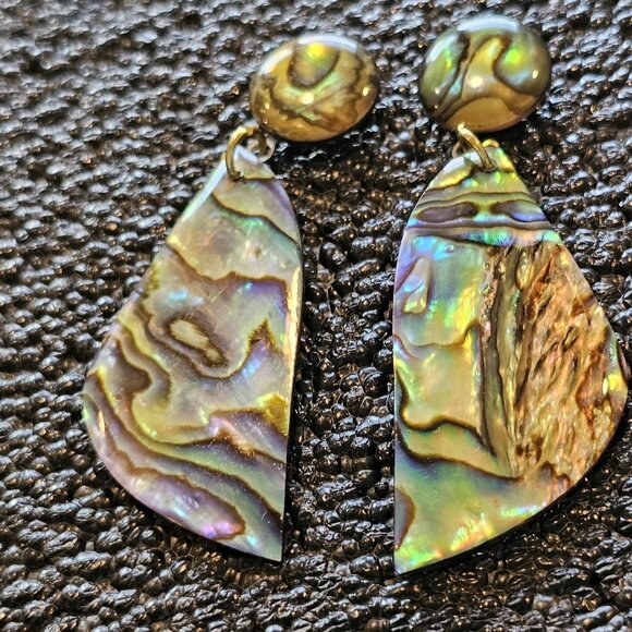 Vintage Abalone Shell Iridescent Dangle Drop Earrings Mother Of Pearl 2" Summer - Picture 4 of 12